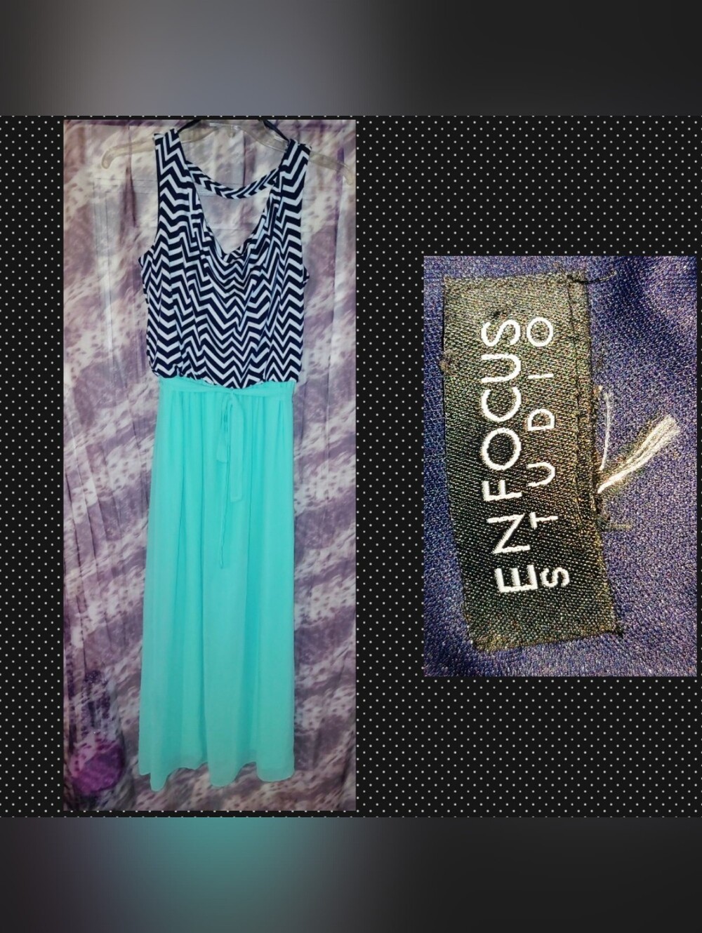 Enfocus Studio Blk/Wht/Mint Grn Chevron/Colorblock Woven & Knit Maxi Dress Sz 1X